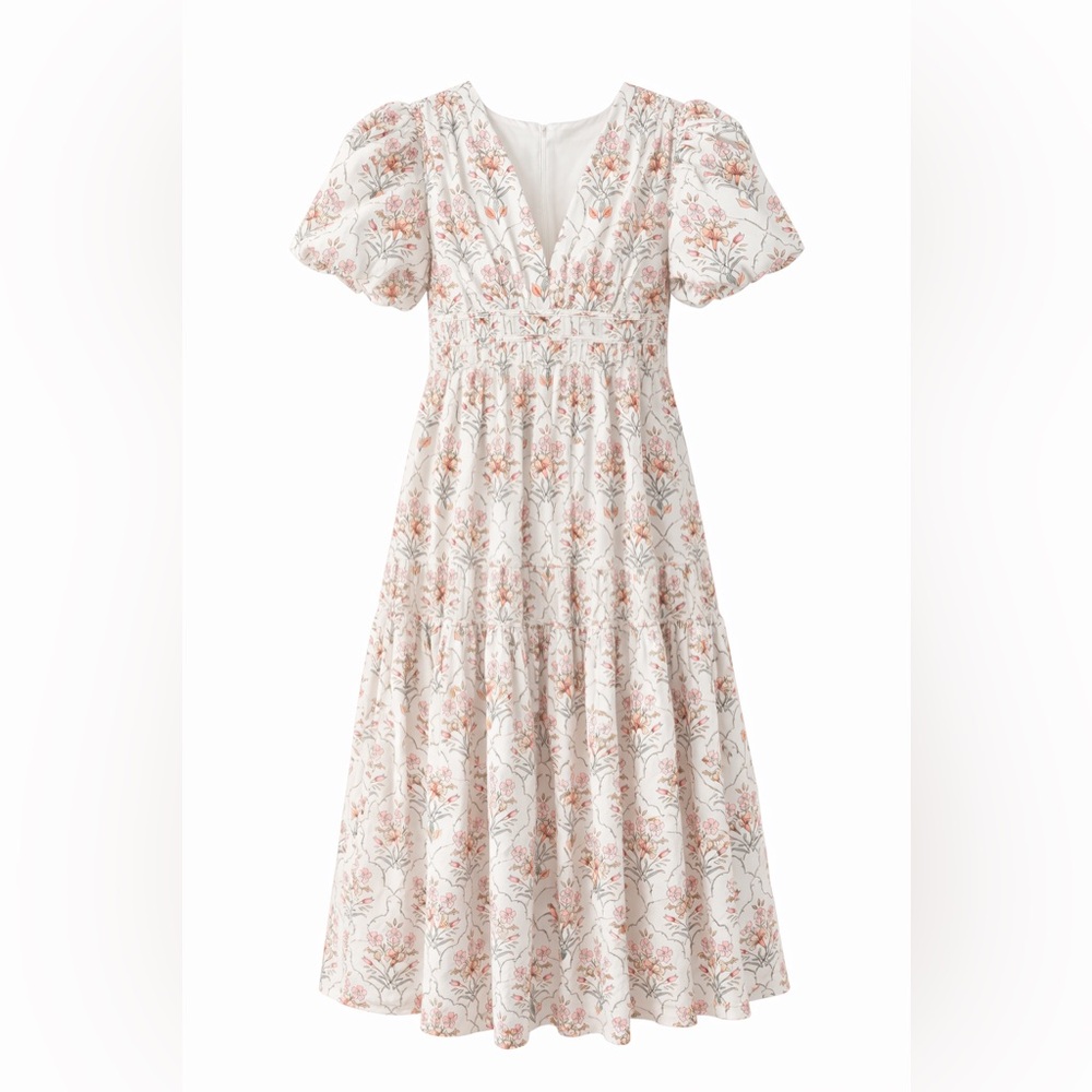Fancy Floral Puff Sleeve Maxi Dress | V-Neck Tiered Cottagecore Womens Size XL